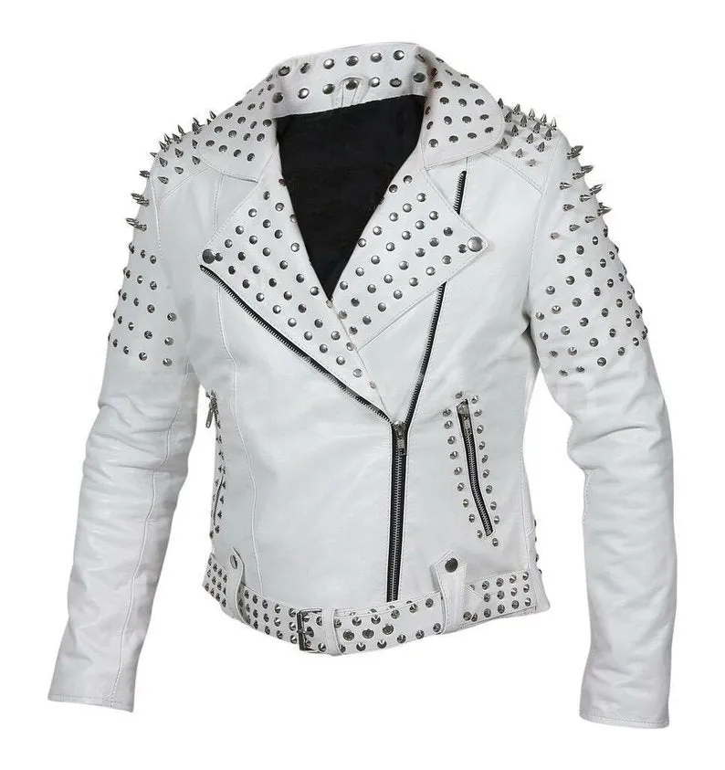 Sophisticated Edge Studded Leather White Jacket