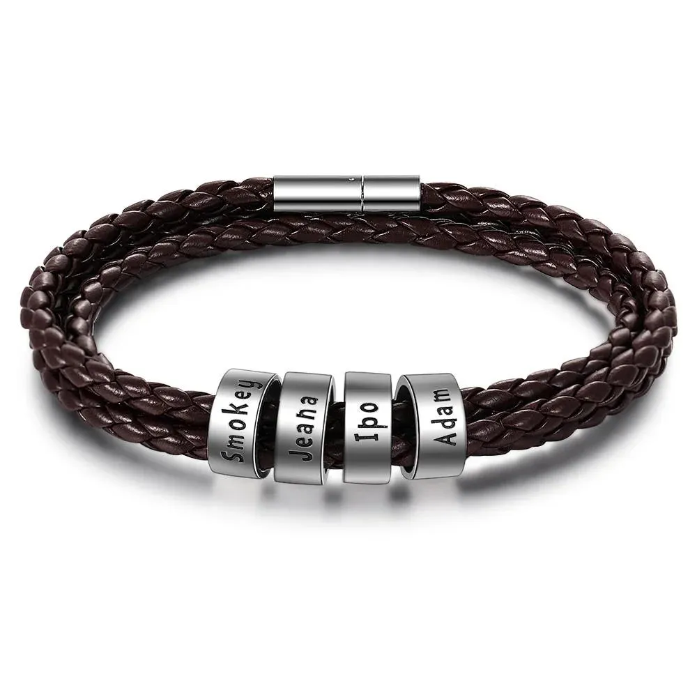 Valentine's Day Discount 50%OFF-Mens Leather Braided Bracelet With 4 Custom Beads