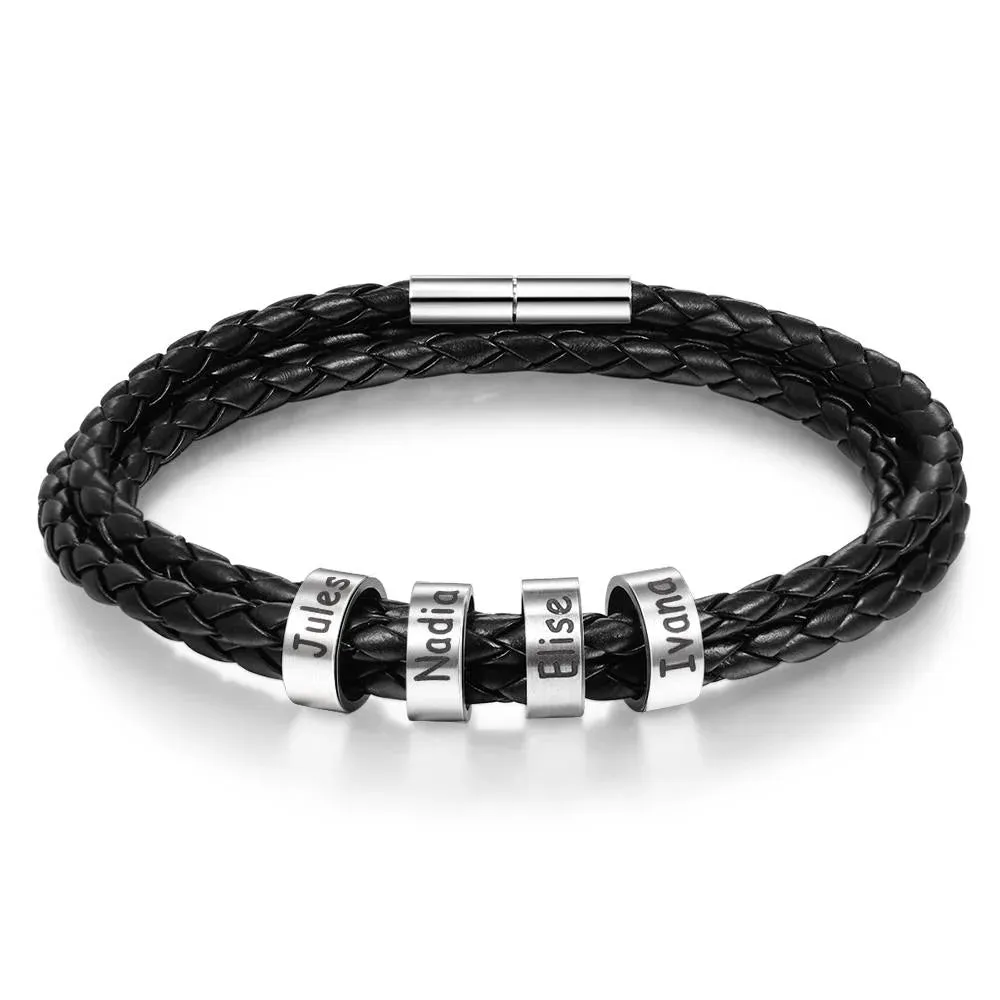 Valentine's Day Discount 50%OFF-Mens Leather Braided Bracelet With 4 Custom Beads