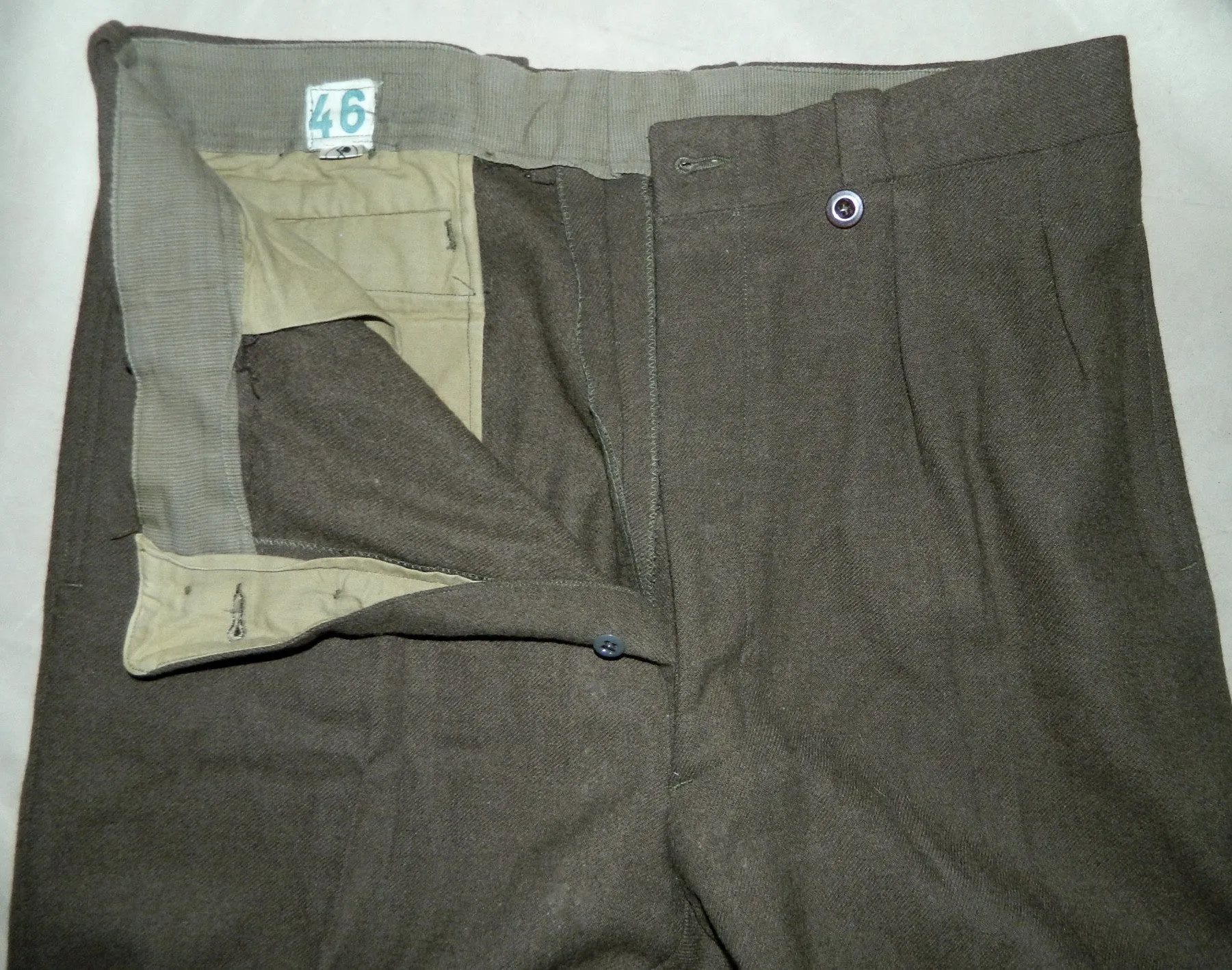 vintage 1940s French military pants WWII wool trousers OD pleated slacks heavy wool 37 inch waist