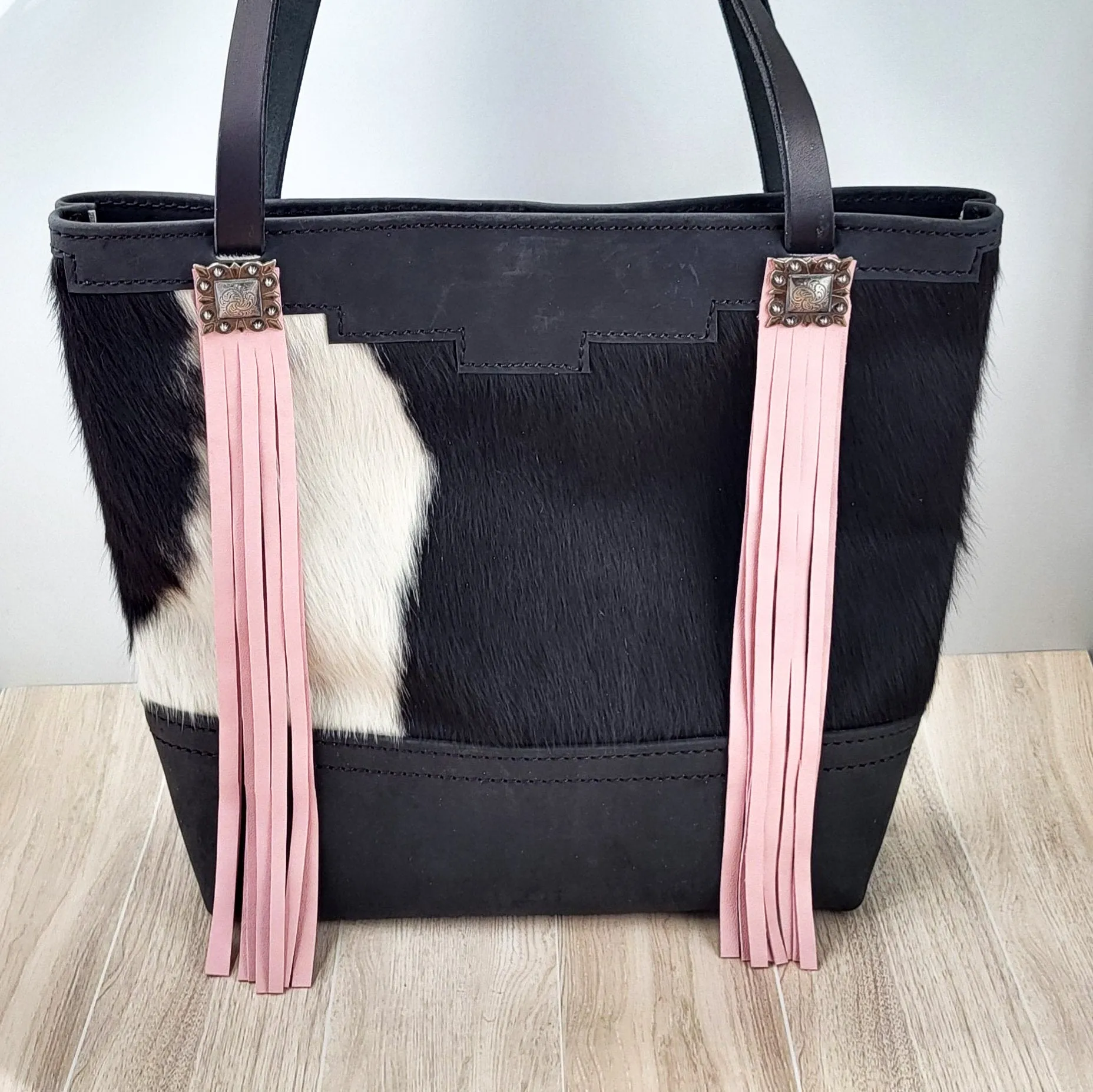 Western Black & White Cowhide Leather Tote Bag - Pink Fringe