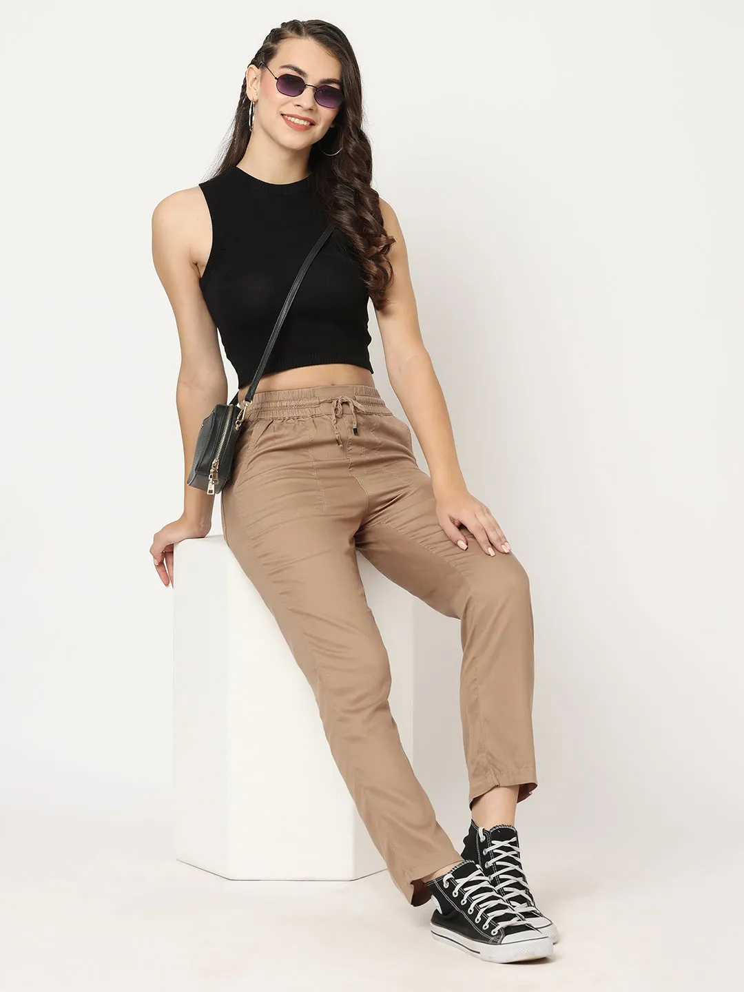 Women Dusty Rose High-Rise Paper Bag Pant