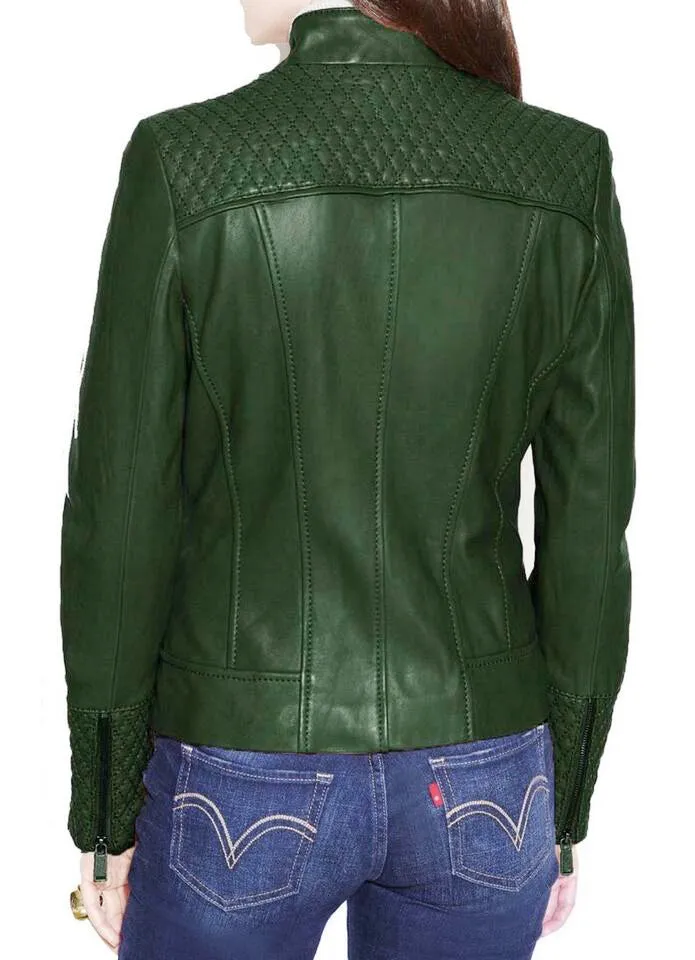 Women Slim Fit Dark Green Leather jacket