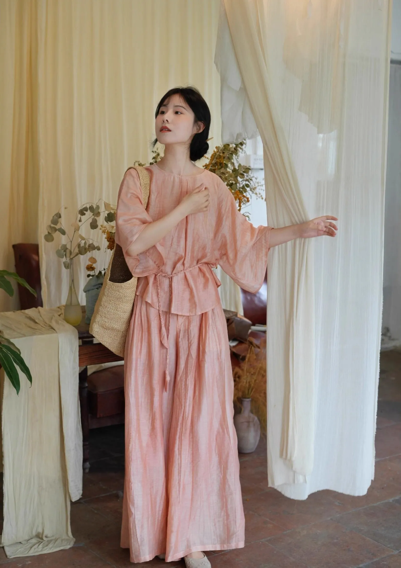 Ziruo 自若 Modernized Ming Dynasty Summer Tencel Shirt & Wide Leg Trousers Set