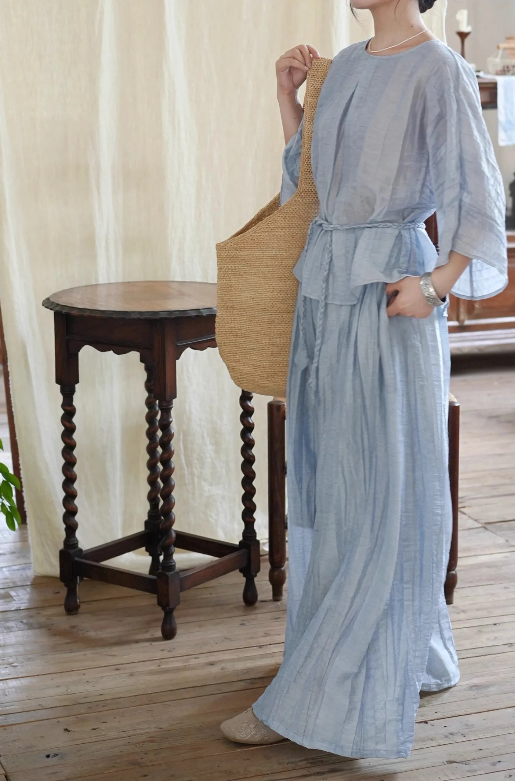 Ziruo 自若 Modernized Ming Dynasty Summer Tencel Shirt & Wide Leg Trousers Set